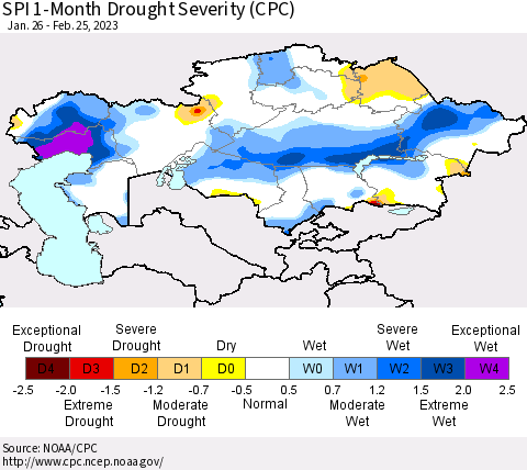Kazakhstan SPI 1-Month Drought Severity (CPC) Thematic Map For 1/26/2023 - 2/25/2023