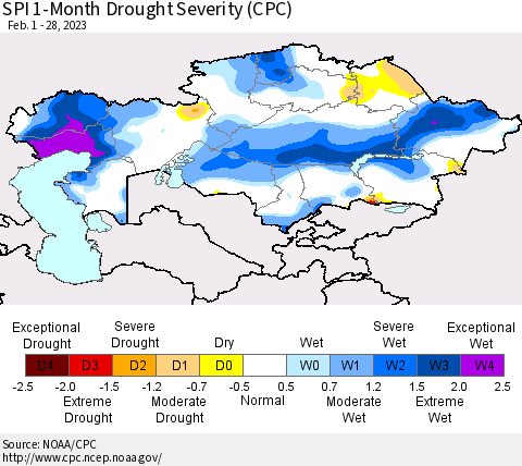 Kazakhstan SPI 1-Month Drought Severity (CPC) Thematic Map For 2/1/2023 - 2/28/2023