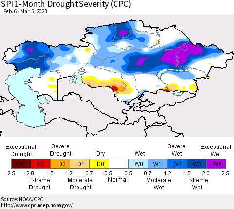 Kazakhstan SPI 1-Month Drought Severity (CPC) Thematic Map For 2/6/2023 - 3/5/2023
