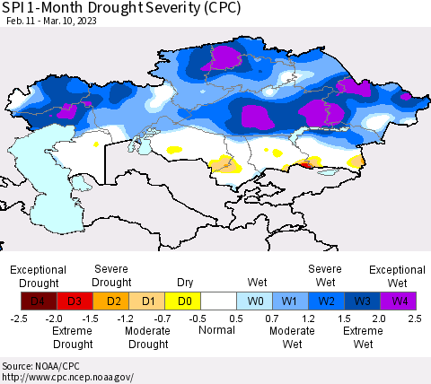 Kazakhstan SPI 1-Month Drought Severity (CPC) Thematic Map For 2/11/2023 - 3/10/2023