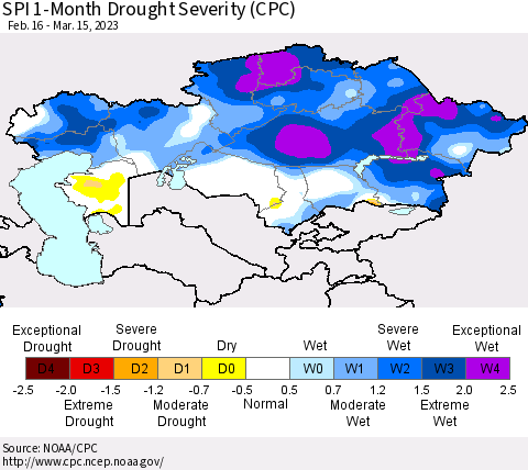 Kazakhstan SPI 1-Month Drought Severity (CPC) Thematic Map For 2/16/2023 - 3/15/2023