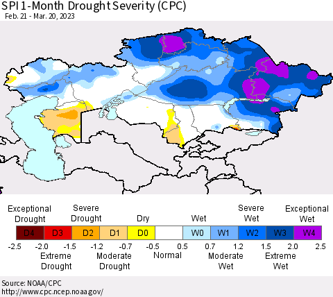 Kazakhstan SPI 1-Month Drought Severity (CPC) Thematic Map For 2/21/2023 - 3/20/2023