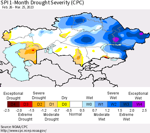 Kazakhstan SPI 1-Month Drought Severity (CPC) Thematic Map For 2/26/2023 - 3/25/2023