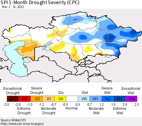 Kazakhstan SPI 1-Month Drought Severity (CPC) Thematic Map For 3/1/2023 - 3/31/2023