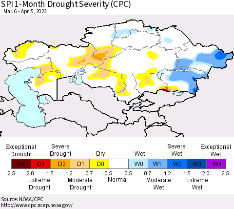 Kazakhstan SPI 1-Month Drought Severity (CPC) Thematic Map For 3/6/2023 - 4/5/2023