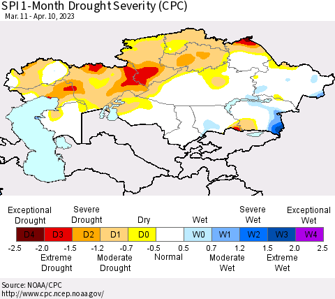 Kazakhstan SPI 1-Month Drought Severity (CPC) Thematic Map For 3/11/2023 - 4/10/2023