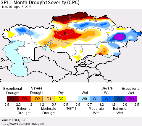Kazakhstan SPI 1-Month Drought Severity (CPC) Thematic Map For 3/16/2023 - 4/15/2023