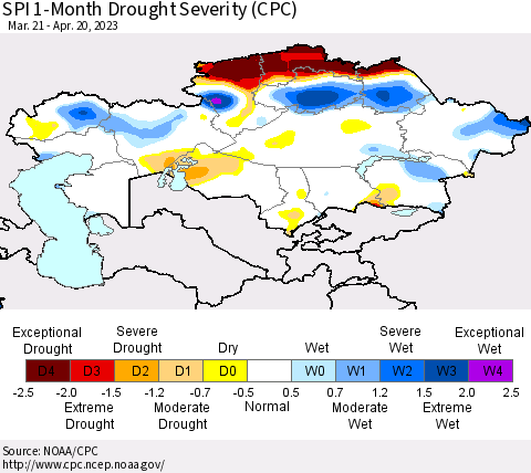 Kazakhstan SPI 1-Month Drought Severity (CPC) Thematic Map For 3/21/2023 - 4/20/2023