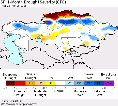 Kazakhstan SPI 1-Month Drought Severity (CPC) Thematic Map For 3/26/2023 - 4/25/2023