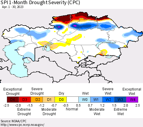 Kazakhstan SPI 1-Month Drought Severity (CPC) Thematic Map For 4/1/2023 - 4/30/2023