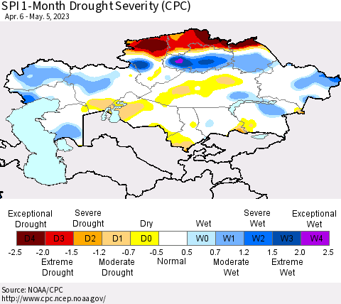 Kazakhstan SPI 1-Month Drought Severity (CPC) Thematic Map For 4/6/2023 - 5/5/2023