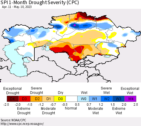 Kazakhstan SPI 1-Month Drought Severity (CPC) Thematic Map For 4/11/2023 - 5/10/2023