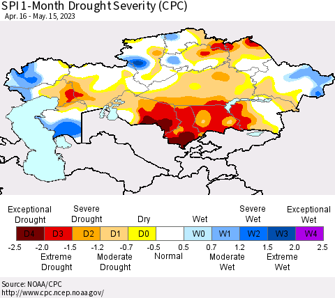 Kazakhstan SPI 1-Month Drought Severity (CPC) Thematic Map For 4/16/2023 - 5/15/2023