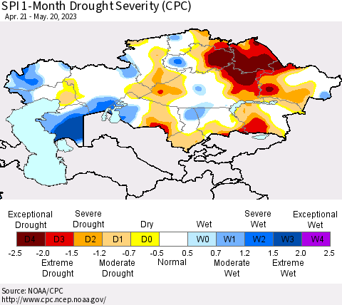 Kazakhstan SPI 1-Month Drought Severity (CPC) Thematic Map For 4/21/2023 - 5/20/2023