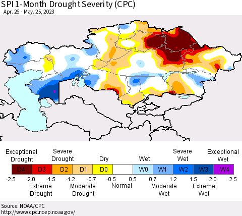Kazakhstan SPI 1-Month Drought Severity (CPC) Thematic Map For 4/26/2023 - 5/25/2023