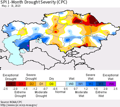 Kazakhstan SPI 1-Month Drought Severity (CPC) Thematic Map For 5/1/2023 - 5/31/2023