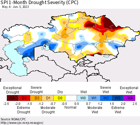 Kazakhstan SPI 1-Month Drought Severity (CPC) Thematic Map For 5/6/2023 - 6/5/2023
