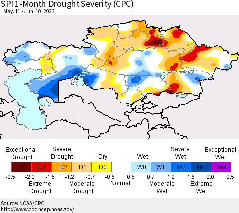 Kazakhstan SPI 1-Month Drought Severity (CPC) Thematic Map For 5/11/2023 - 6/10/2023