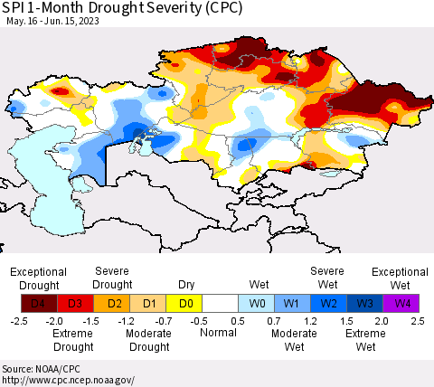 Kazakhstan SPI 1-Month Drought Severity (CPC) Thematic Map For 5/16/2023 - 6/15/2023