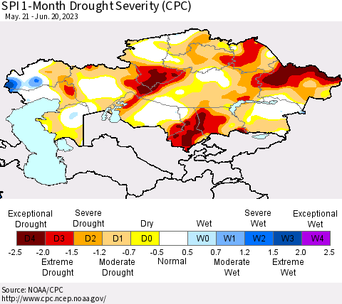 Kazakhstan SPI 1-Month Drought Severity (CPC) Thematic Map For 5/21/2023 - 6/20/2023
