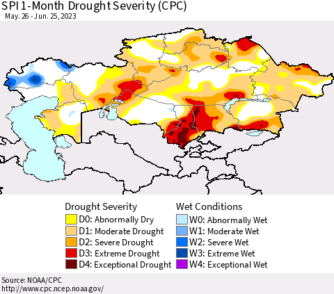 Kazakhstan SPI 1-Month Drought Severity (CPC) Thematic Map For 5/26/2023 - 6/25/2023