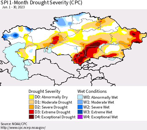 Kazakhstan SPI 1-Month Drought Severity (CPC) Thematic Map For 6/1/2023 - 6/30/2023