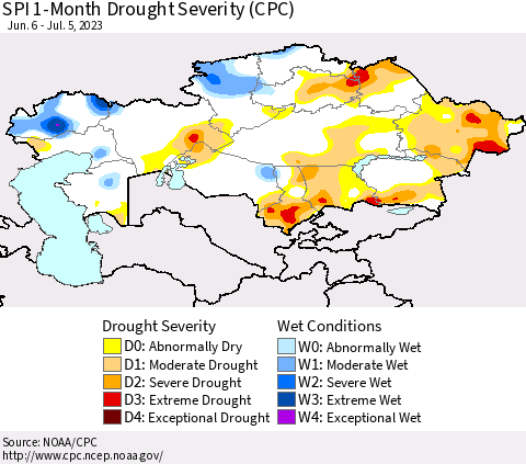 Kazakhstan SPI 1-Month Drought Severity (CPC) Thematic Map For 6/6/2023 - 7/5/2023
