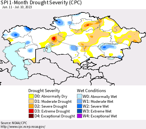 Kazakhstan SPI 1-Month Drought Severity (CPC) Thematic Map For 6/11/2023 - 7/10/2023
