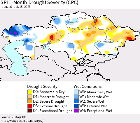 Kazakhstan SPI 1-Month Drought Severity (CPC) Thematic Map For 6/16/2023 - 7/15/2023