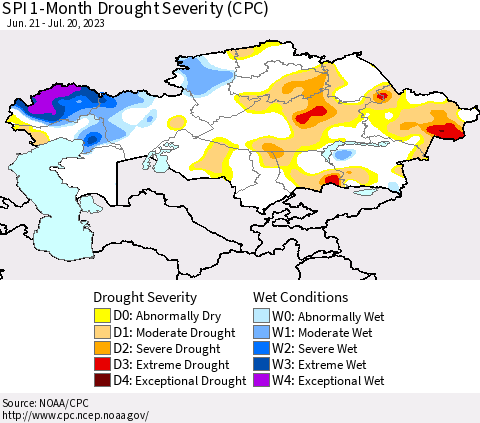 Kazakhstan SPI 1-Month Drought Severity (CPC) Thematic Map For 6/21/2023 - 7/20/2023