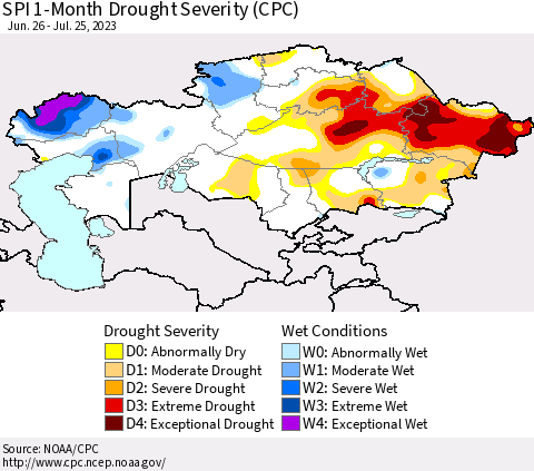 Kazakhstan SPI 1-Month Drought Severity (CPC) Thematic Map For 6/26/2023 - 7/25/2023