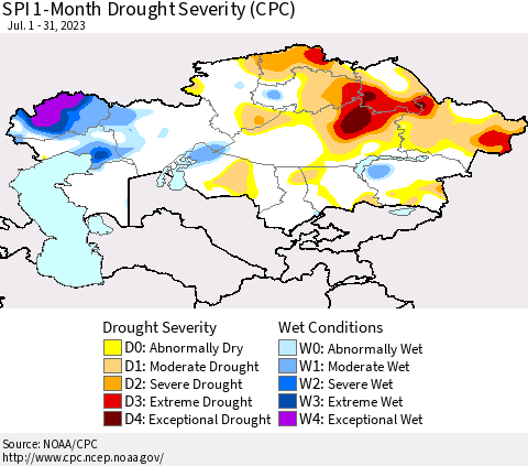 Kazakhstan SPI 1-Month Drought Severity (CPC) Thematic Map For 7/1/2023 - 7/31/2023
