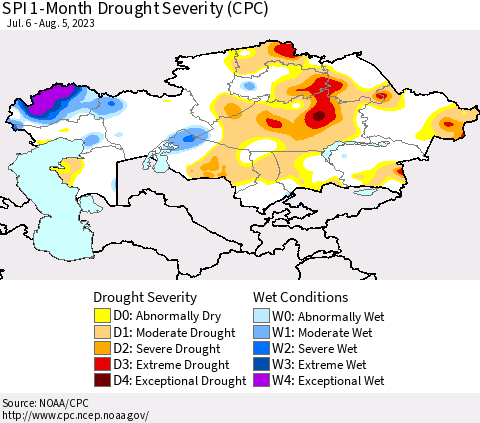 Kazakhstan SPI 1-Month Drought Severity (CPC) Thematic Map For 7/6/2023 - 8/5/2023