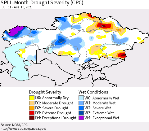 Kazakhstan SPI 1-Month Drought Severity (CPC) Thematic Map For 7/11/2023 - 8/10/2023
