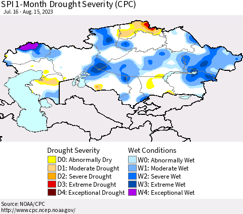 Kazakhstan SPI 1-Month Drought Severity (CPC) Thematic Map For 7/16/2023 - 8/15/2023