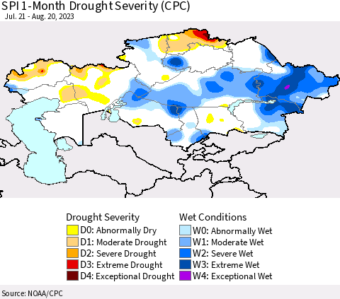 Kazakhstan SPI 1-Month Drought Severity (CPC) Thematic Map For 7/21/2023 - 8/20/2023