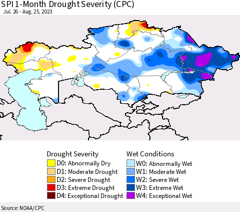 Kazakhstan SPI 1-Month Drought Severity (CPC) Thematic Map For 7/26/2023 - 8/25/2023