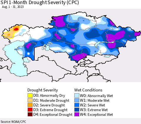 Kazakhstan SPI 1-Month Drought Severity (CPC) Thematic Map For 8/1/2023 - 8/31/2023
