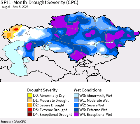 Kazakhstan SPI 1-Month Drought Severity (CPC) Thematic Map For 8/6/2023 - 9/5/2023