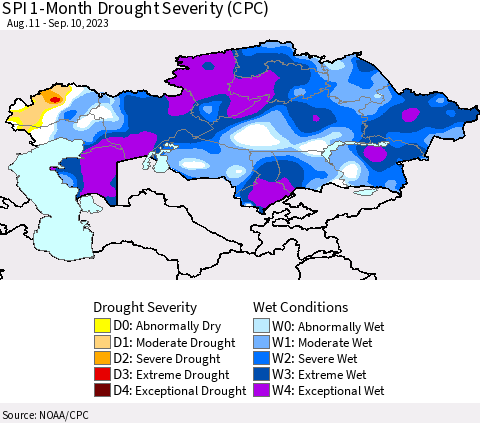 Kazakhstan SPI 1-Month Drought Severity (CPC) Thematic Map For 8/11/2023 - 9/10/2023