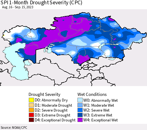 Kazakhstan SPI 1-Month Drought Severity (CPC) Thematic Map For 8/16/2023 - 9/15/2023