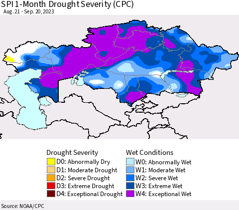 Kazakhstan SPI 1-Month Drought Severity (CPC) Thematic Map For 8/21/2023 - 9/20/2023