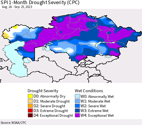 Kazakhstan SPI 1-Month Drought Severity (CPC) Thematic Map For 8/26/2023 - 9/25/2023