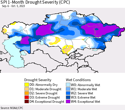 Kazakhstan SPI 1-Month Drought Severity (CPC) Thematic Map For 9/6/2023 - 10/5/2023