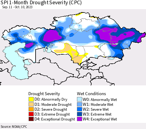 Kazakhstan SPI 1-Month Drought Severity (CPC) Thematic Map For 9/11/2023 - 10/10/2023