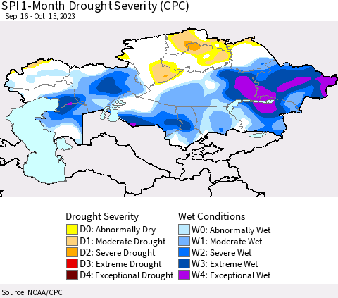 Kazakhstan SPI 1-Month Drought Severity (CPC) Thematic Map For 9/16/2023 - 10/15/2023