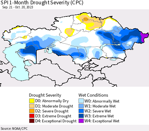 Kazakhstan SPI 1-Month Drought Severity (CPC) Thematic Map For 9/21/2023 - 10/20/2023