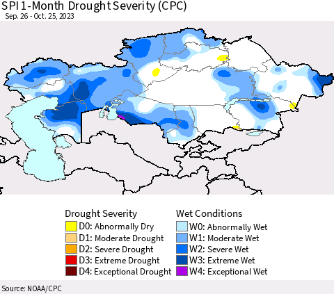 Kazakhstan SPI 1-Month Drought Severity (CPC) Thematic Map For 9/26/2023 - 10/25/2023