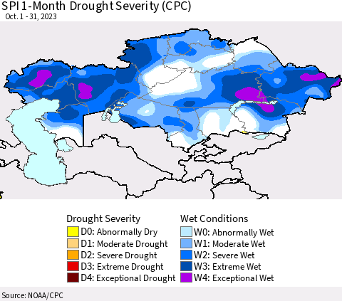 Kazakhstan SPI 1-Month Drought Severity (CPC) Thematic Map For 10/1/2023 - 10/31/2023