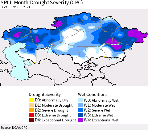Kazakhstan SPI 1-Month Drought Severity (CPC) Thematic Map For 10/6/2023 - 11/5/2023